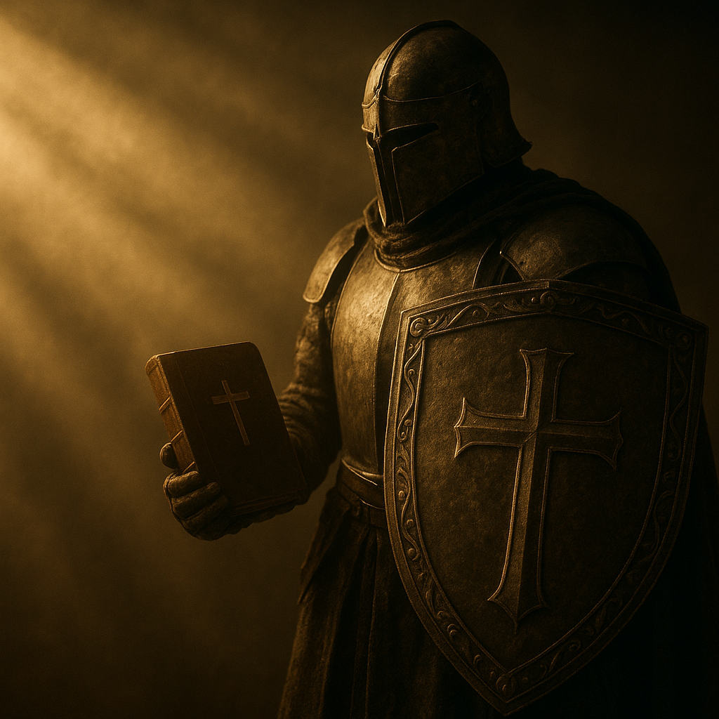 Escudo da fé na armadura de Deus, com ilustração bíblica.