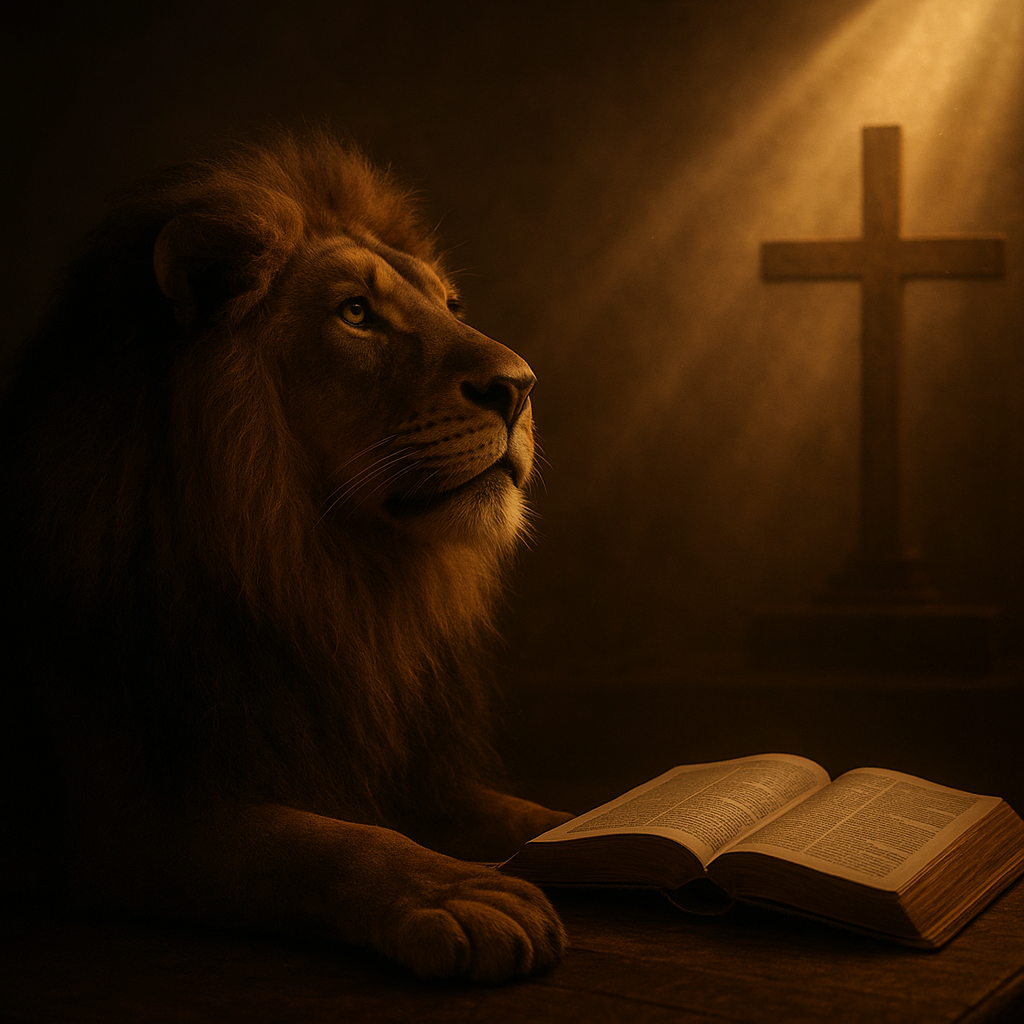 Daniel na cova dos leões mostrando fé e confiança em Deus.
